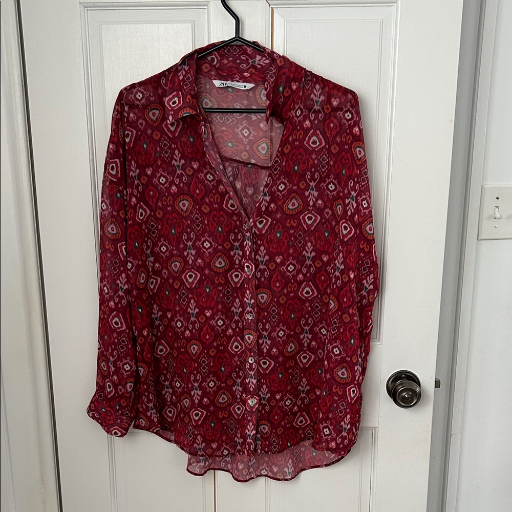 Women's Red Printed Button-Up Blouse